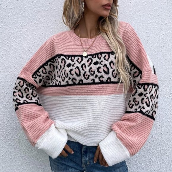 MODA ME COUTURE Sweaters - FIERCE DOLLZ Leopard Pattern Color Block Drop Shoulder Sweater
